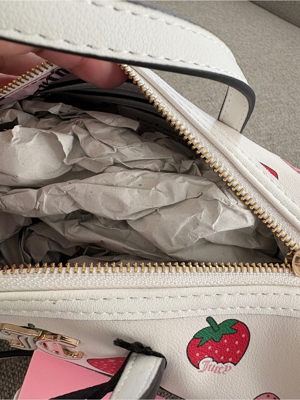 Juicy Couture White Barrel Crossbody with Red Strawberry Print and Gold Hardware - Picture 7 of 7
